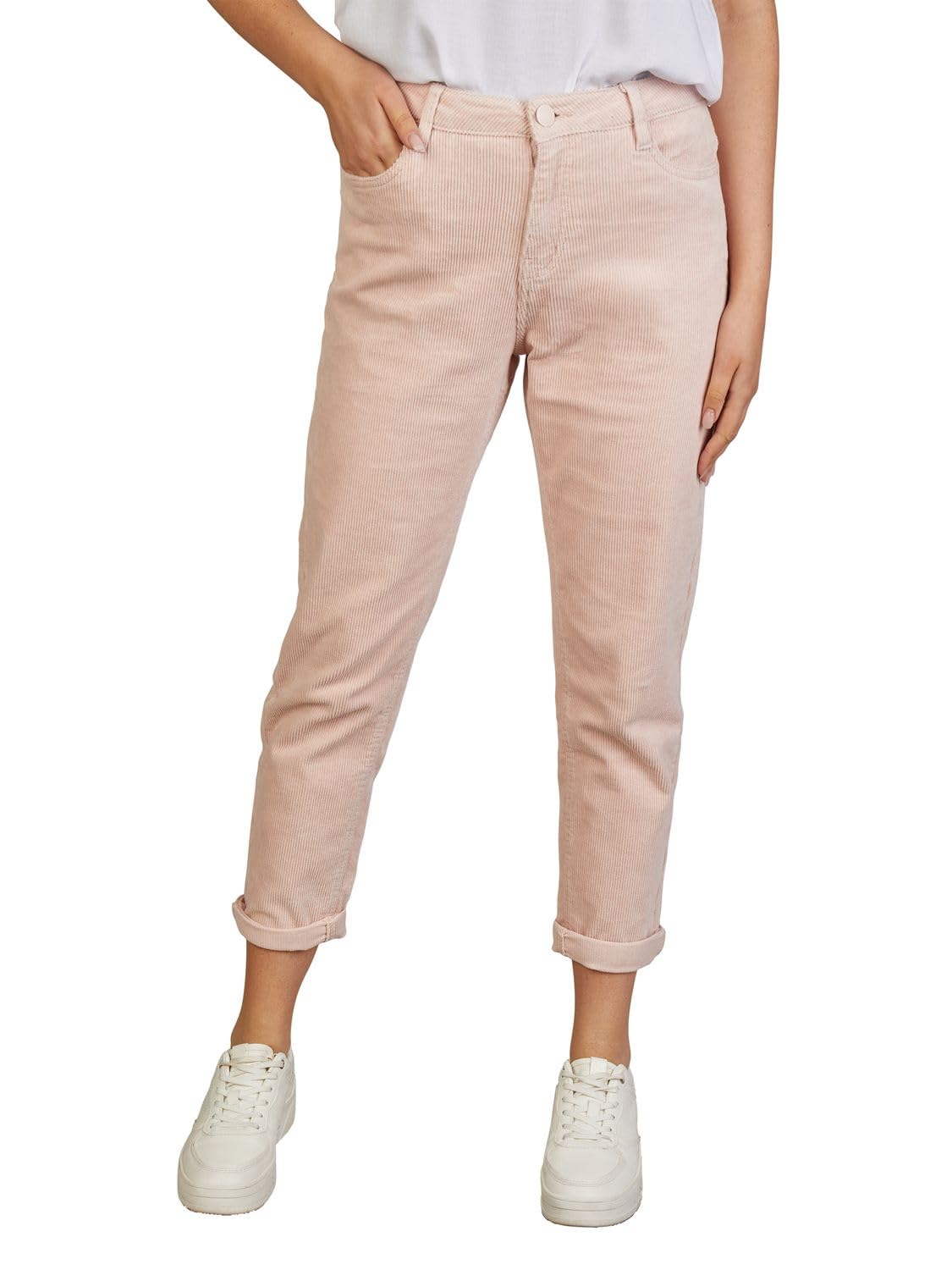 DENIMFY Cordhose Damen Mom Fit High Waist Gerades Bein Stretch DFLisa Cord Hose Pants Reißverschluss Taschen Einfarbig Grau Rose Blau Beige Grün S M L XL XXL