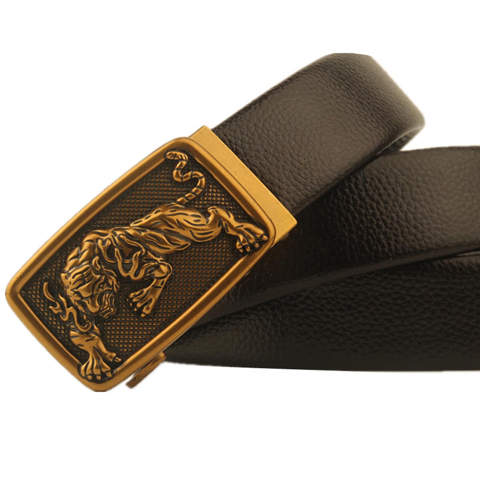 Cinturón con trinquete for hombre, 3,5 cm de ancho, hebilla dorada relieve animal
