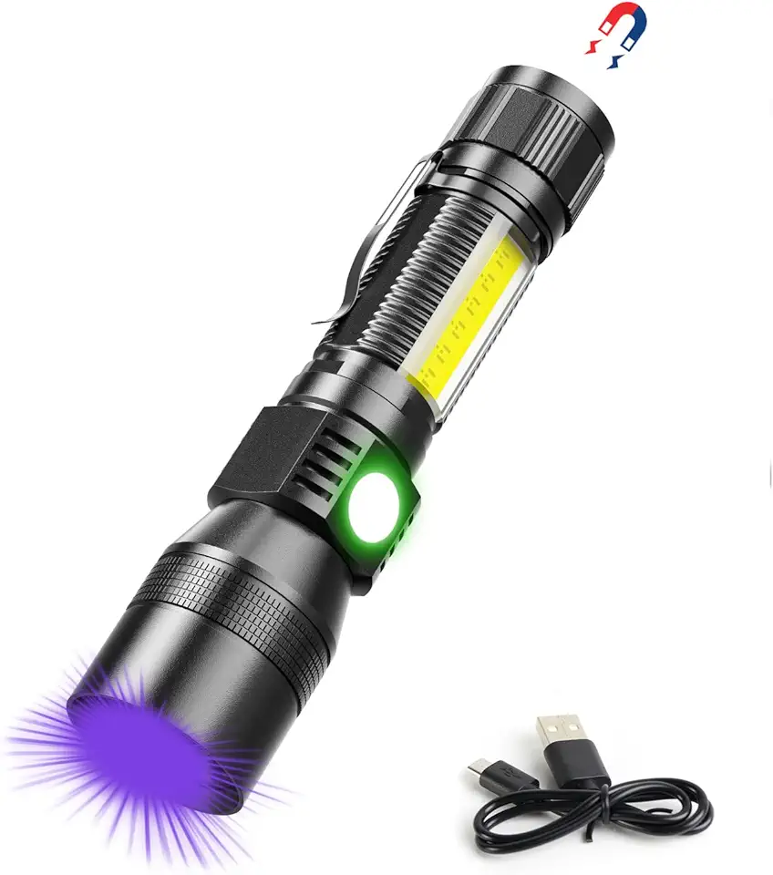 Lanterna UV Blacklight Recarregável por USB - Magnética Com Luz Lateral, 1000 lm, Luz Preta, Trabalho COB, Zoom, Impermeável - Para Urina de Animais