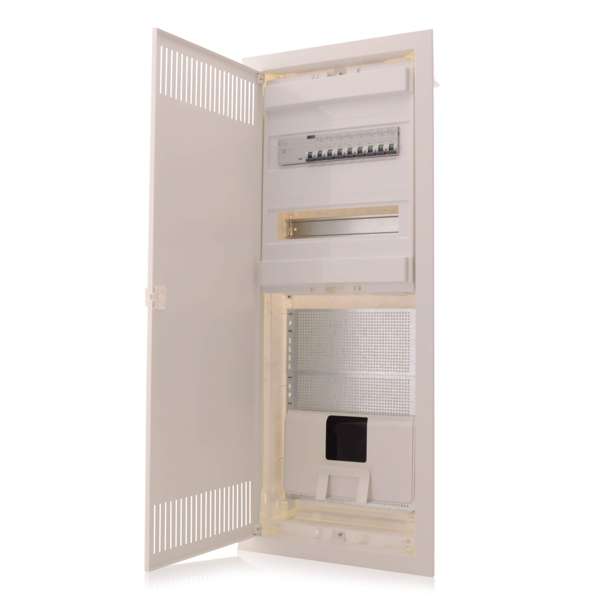 Intratec boîtier multimédia et tableau de distribution combiné encastré, IP30, 842 x 346 x 92 mm, 2 rangées, 24+4 modules, porte en acier blanc RAL 9003, répartiteur de communication