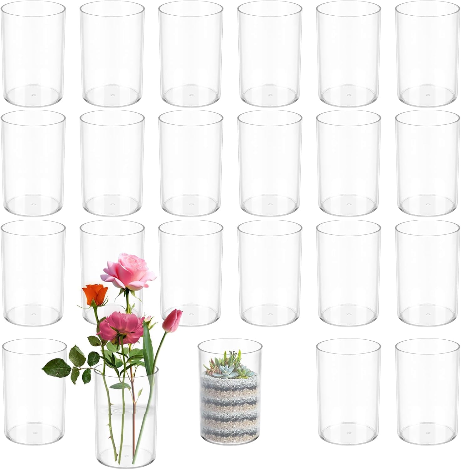 30 vasi cilindrici in plastica da 10 cm, in acrilico, piccoli contenitori trasparenti per fiori, portacandele rotondi e larghi, centrotavola per casa, ufficio, decorazione per matrimoni