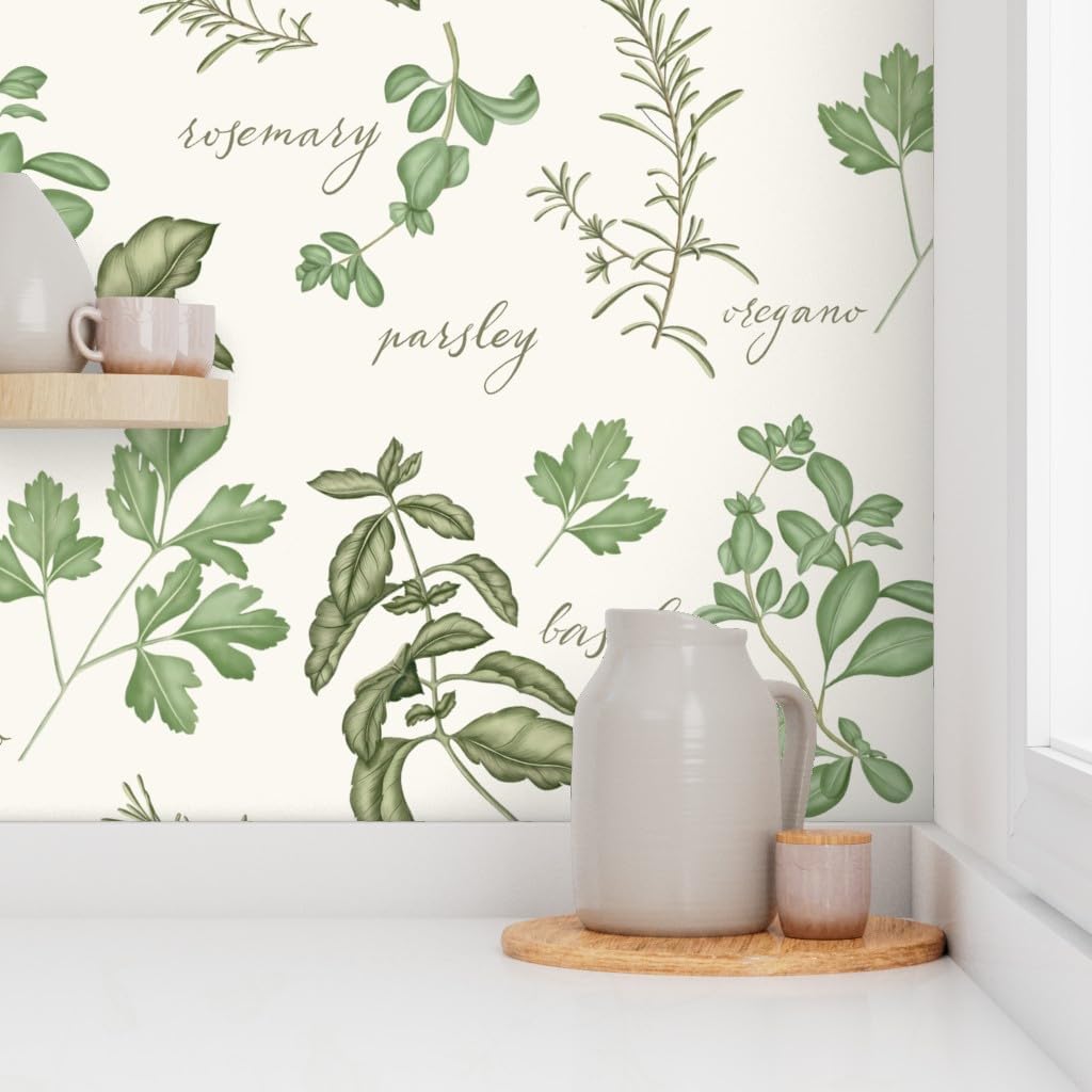 Peel & Stick Wallpaper Swatch - Victorian Herbs Garden Illustration Botanical Leaves Cottagecore Custom Removable Wallpaper by Spoonflower