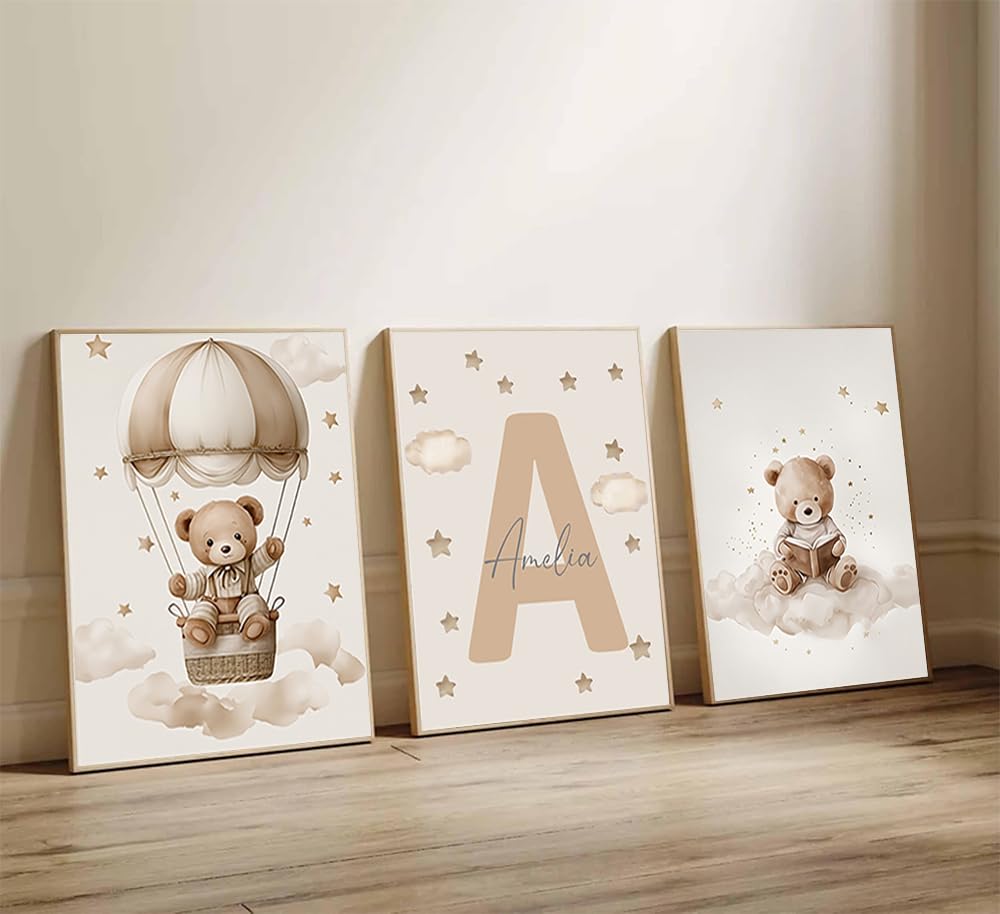 3 Affiche Ours Prenom 30X40CM Poster Ourson Bebe Tableau Decoration Murale Nounours Toile Chambre Enfant Garçon Affiche Personnalisée Enfant Beige Tableau Ourson Chambre Bébé Cadeau sans Cadre