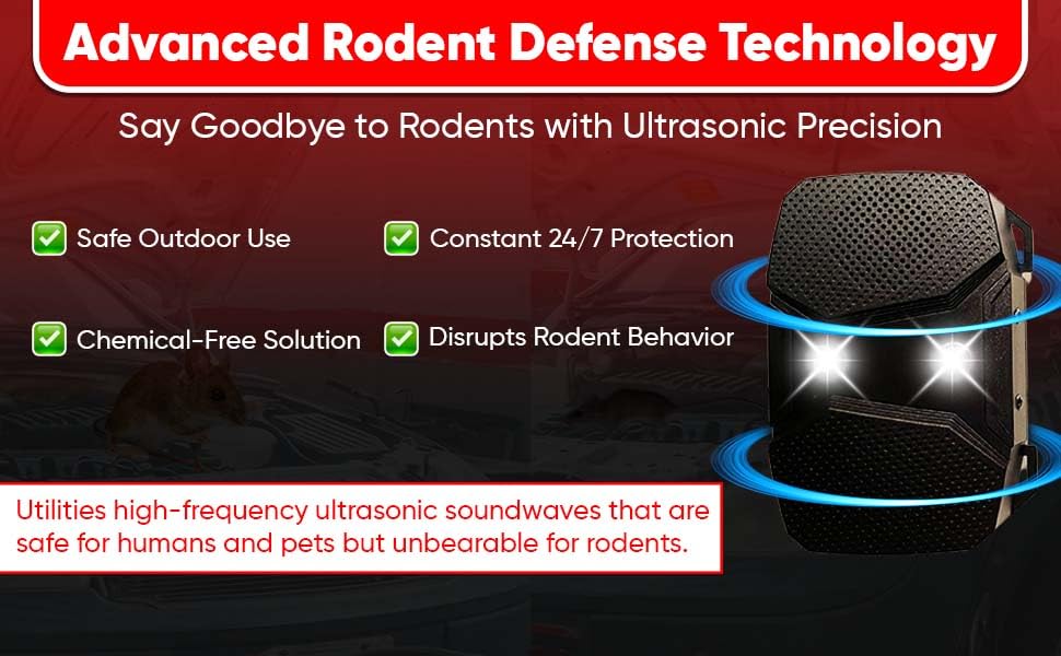 Image of Ultrasonic Rat Repellent for Car & Home | Smart Rodent Control Device with LED Flash, 3 Power Modes & Waterproof Design | Protects Engine, Wires & Garage