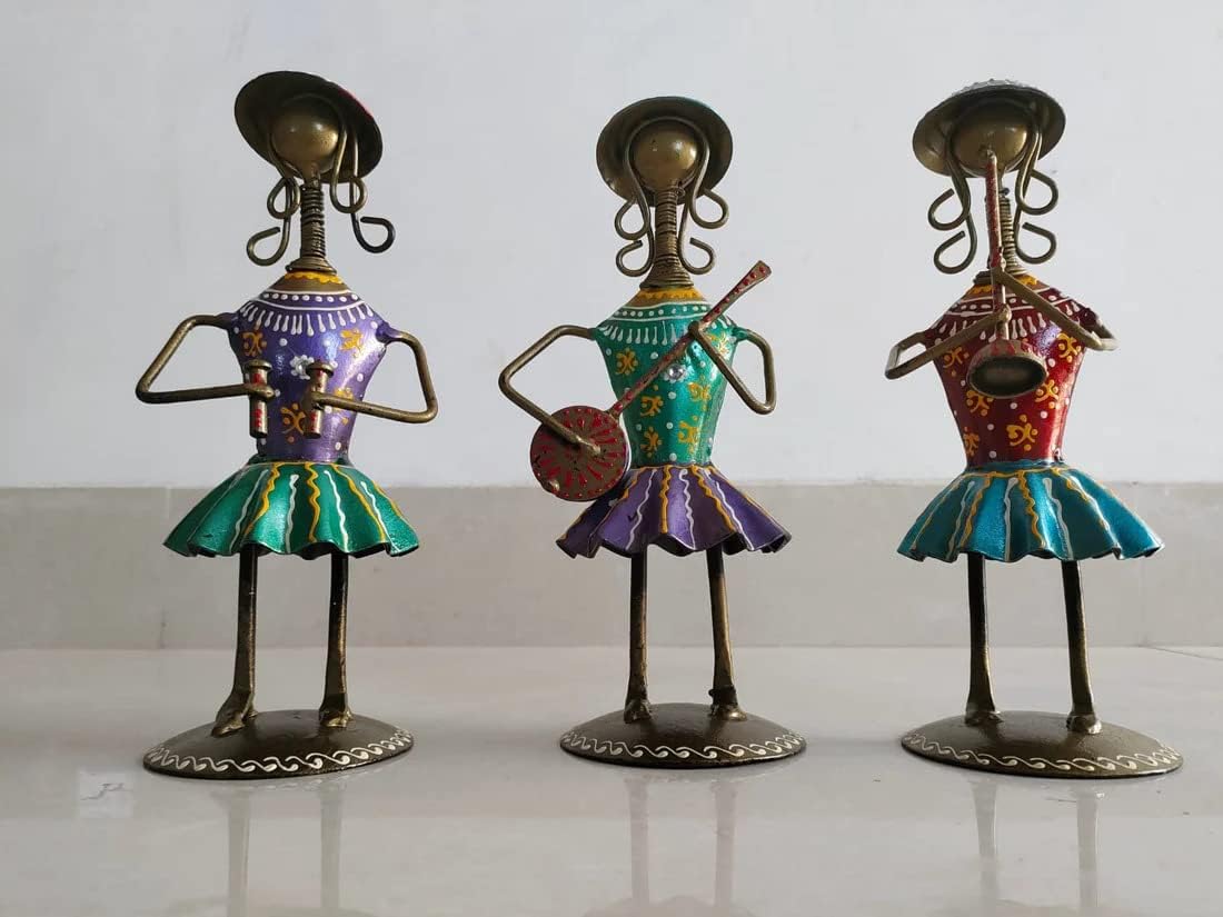 CRAFTFOBIA Traditional Handmade Iron Lady Musical Doll Metal Statue/Showpiece/Figurine for Home Decor (Set of 3)