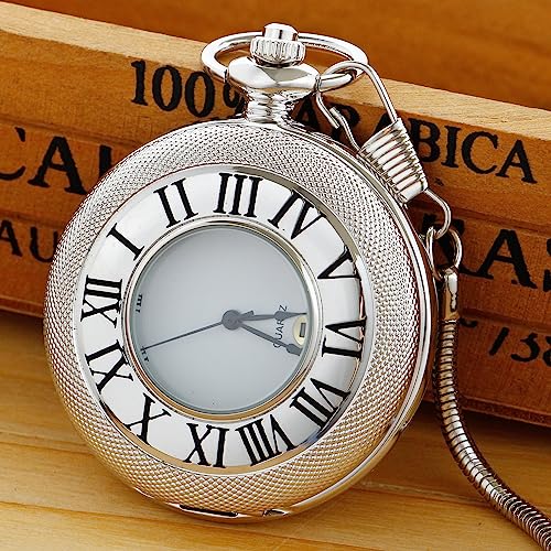 Image of Hollow Roman Digital Pocket Watch Cover for Men, Calendar Roman Dial Men's Pocket Watch with Chain