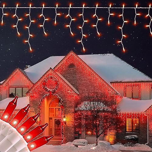 23FT 200Count Red Icicle Lights,White Wire Icicle Mini Lights Plug in with 40 Drops,Hanging Curtain Fairy String Light Connectable for Christmas Valentine's Day Halloween Party Decorations