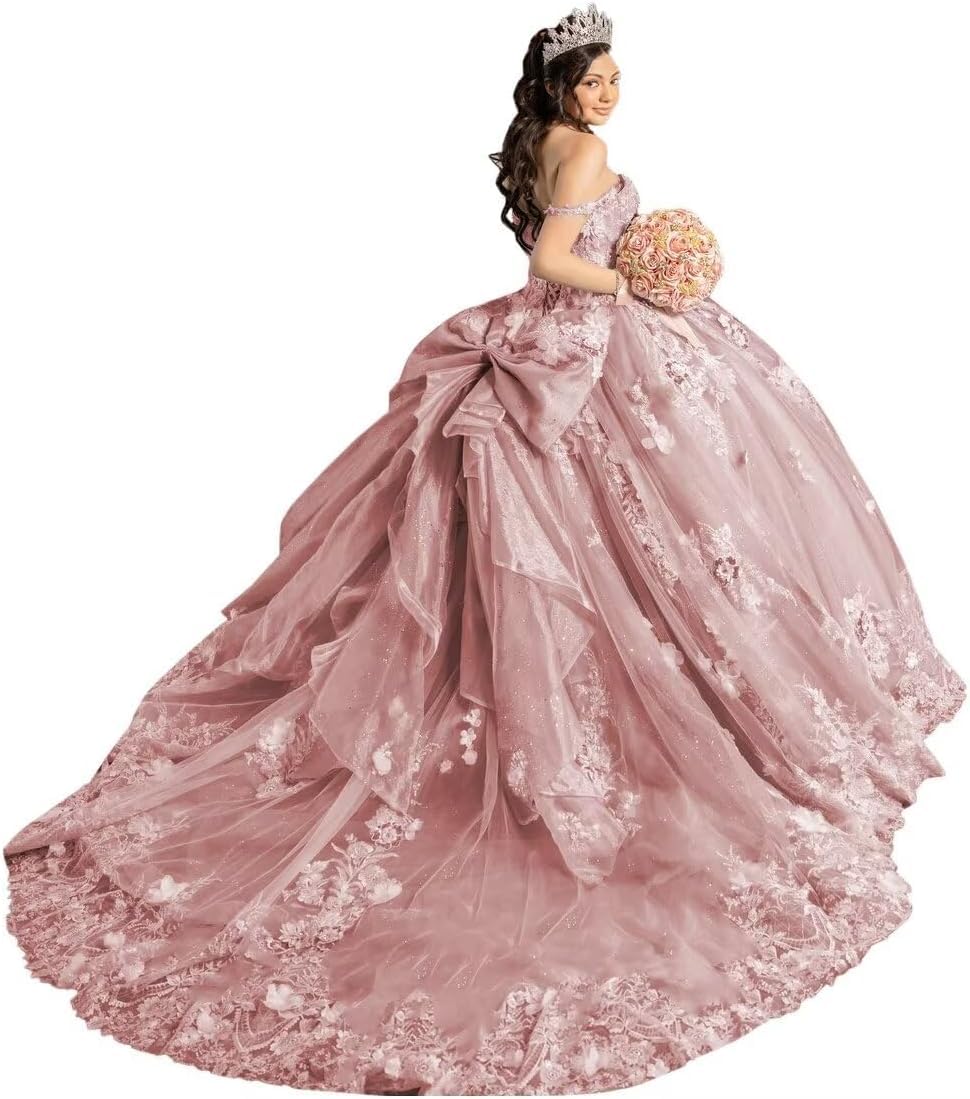 Yifanier Spaghetti Strap Quinceanera Dresses with Bow Sparkly Tulle Prom Gowns 3D Flower Quinceanera Dresses MT040 Dusty Rose