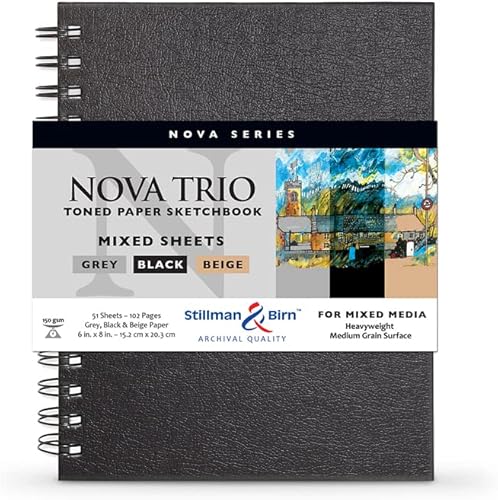Stillman & Birn Nova Series Trio - Cuaderno de bocetos con alambre, 6 x 8 pulgadas, 150 GSM (pesado), papel beige, gris y negro, superficie de grano
