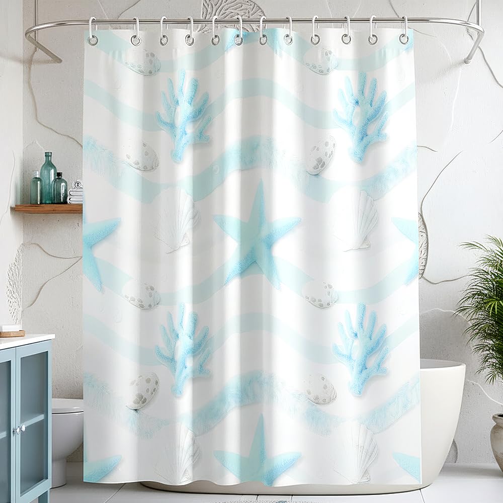 ZAFYYGH Cute Coastal Sea Life Shower Curtain, 72x72 Inch Blue Starfish Shell Coral Fabric, Beach Themed Bathroom Decor