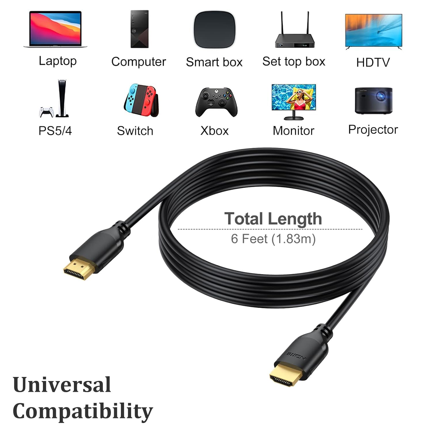Cavo HDMI 4K da 1,8 m, cavo HDMI ad alta velocità a HDMI, cavo HDMI 2.0 da 1,8 m, supporta 4K a 60Hz, 2K, 1080P, HDCP 2.2, HDR, 3D, ARC ed Ethernet