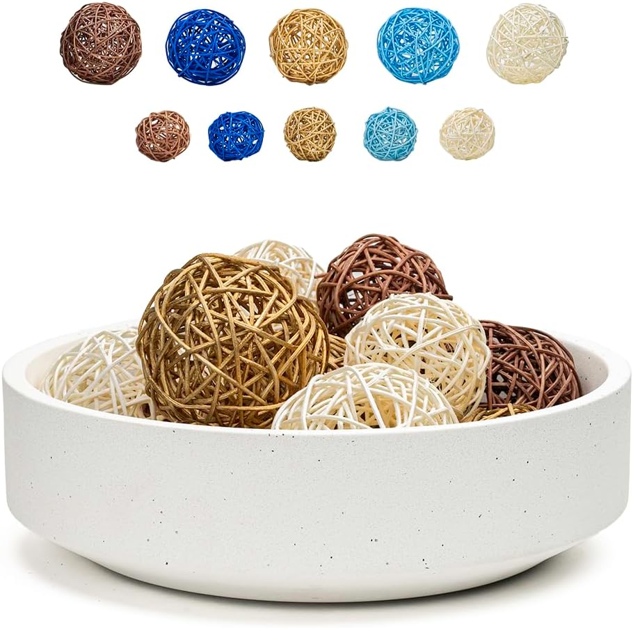 VELOVA Large White Concrete Decorative Bowl with 24 Decorative Balls, Fruit Key Holder Bowls Boho Modern Home Decor Accent for Dining Room Centerpiece Living Room Coffee Table Shelf Entryway Rattan