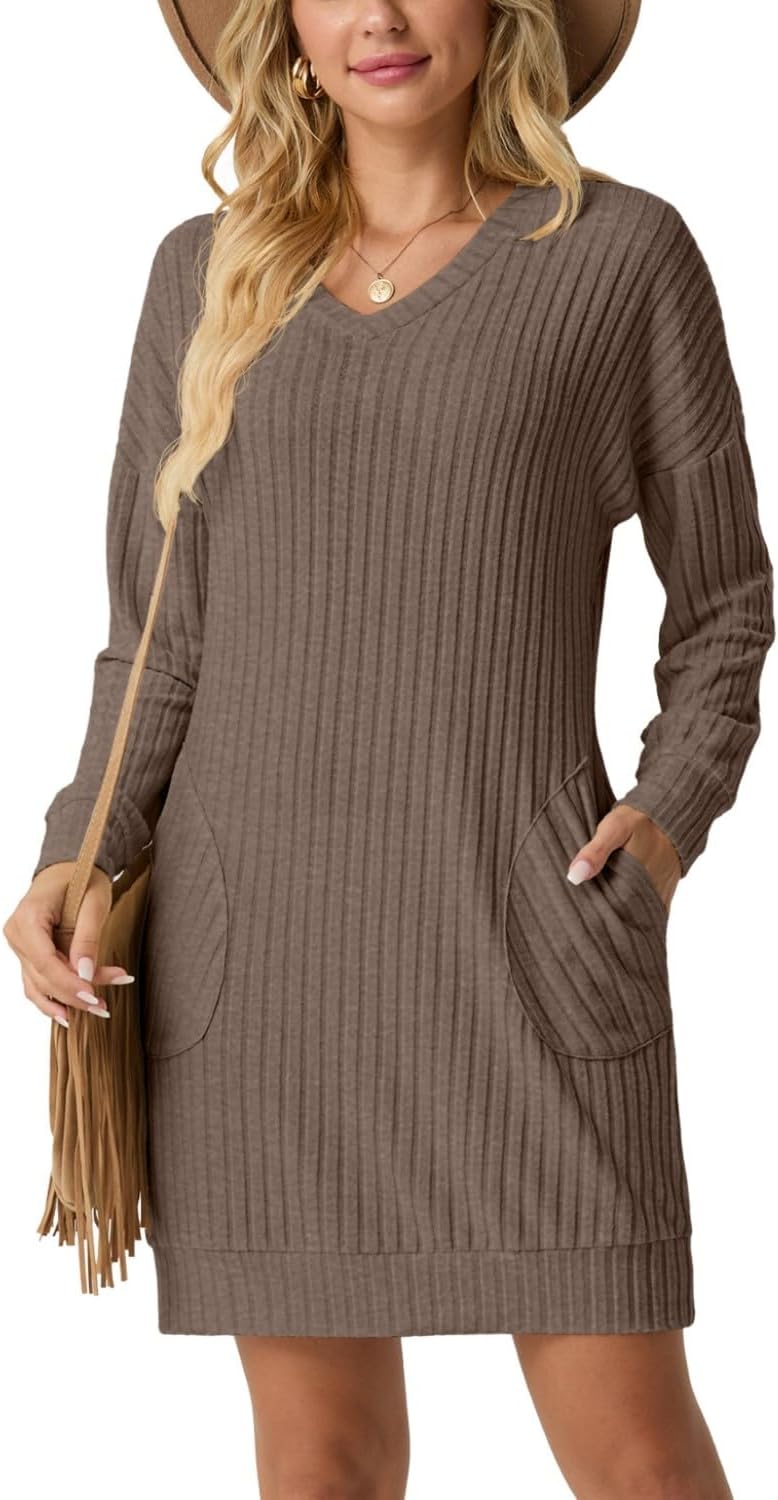 POMTIMCO gebreide jurk voor dames, V-hals, lange mouwen, pof, trui-jurk, casual, herfst, winter, tuniek, jurk met zakken, koffie, S