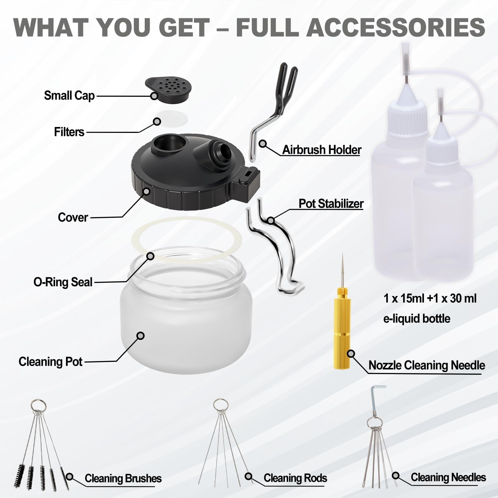 Kit de Nettoyage aérographe avec Pot, Ensemble Complet avec brosses, Aiguilles et Reamer, Outil de Nettoyage pour buse aérographe, Entretien et Maintenance, Accessoires universels