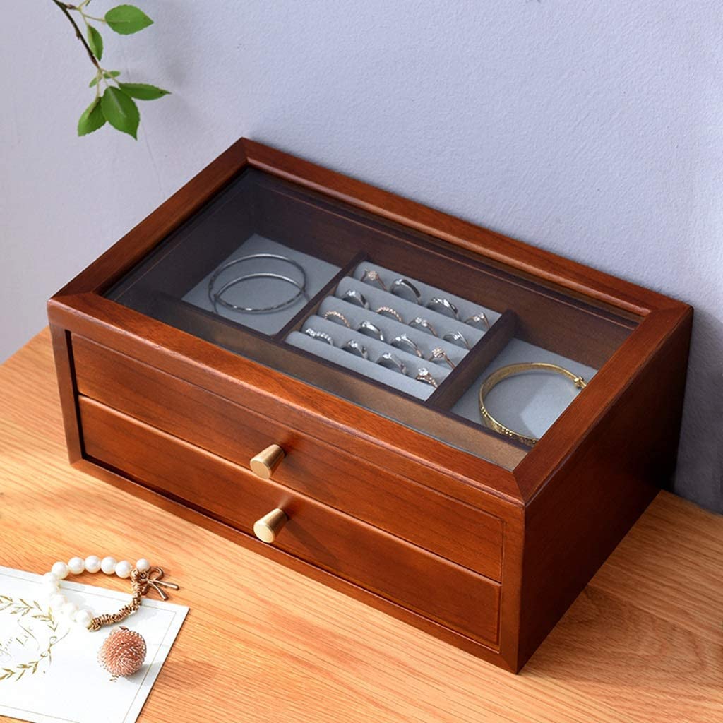 Drewniana Szkatułka Na Biżuterię, Dwuwarstwowa, Wysuwana, Pojemna | Ochrona Przed Uderzeniami, Pogrubiona I Trwała, Odporna Na Uderzenia (C 31.5*19*13 cm)