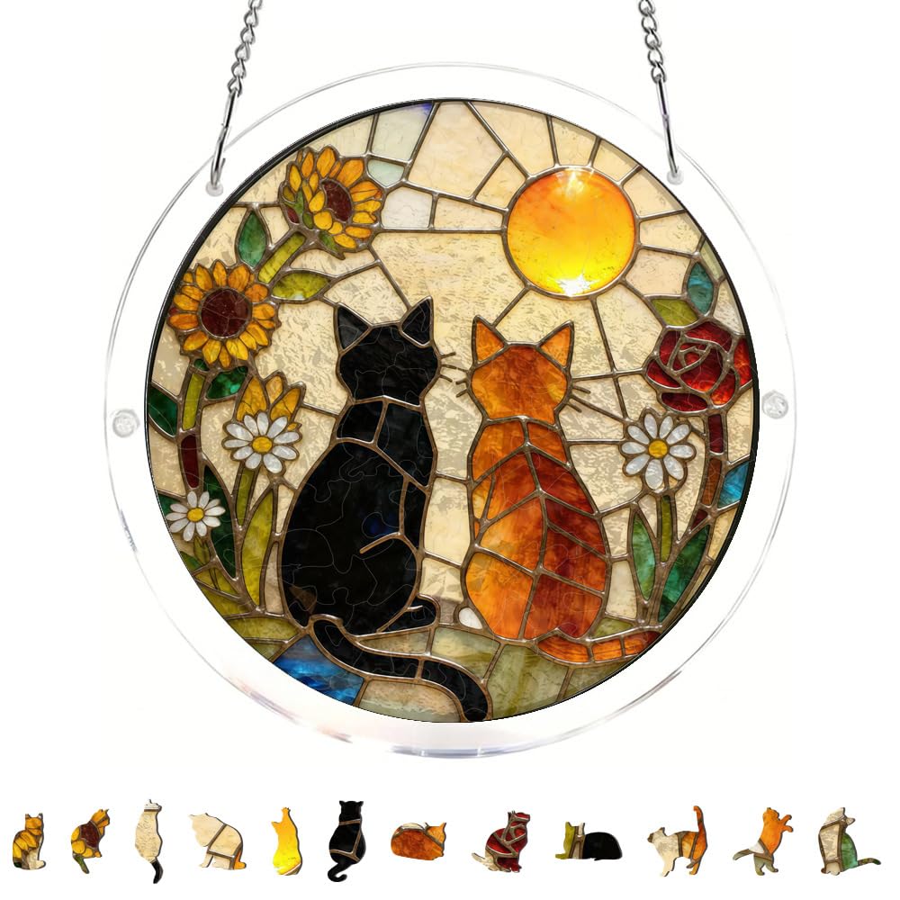 83 Pieces Hanging Acrylic Suncatcher Puzzle,DIY Acrylic Jigsaw Puzzle for Adults, 2mm Transparency Acrylic, Acrylic Suncatcher Puzzles for Doors Garden Window (Sunset Cat Couple F, 7.4 Inches)