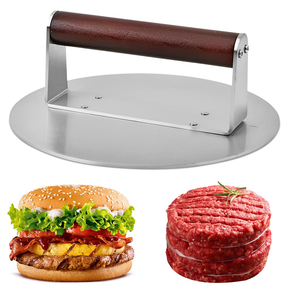 Pressa per hamburger, in acciaio inox con manico in legno, per hamburger, facile da pulire, per griglia piatta, carne, patty, bistecca, bacon, salsiccia, accessori professionali per barbecue (grande)