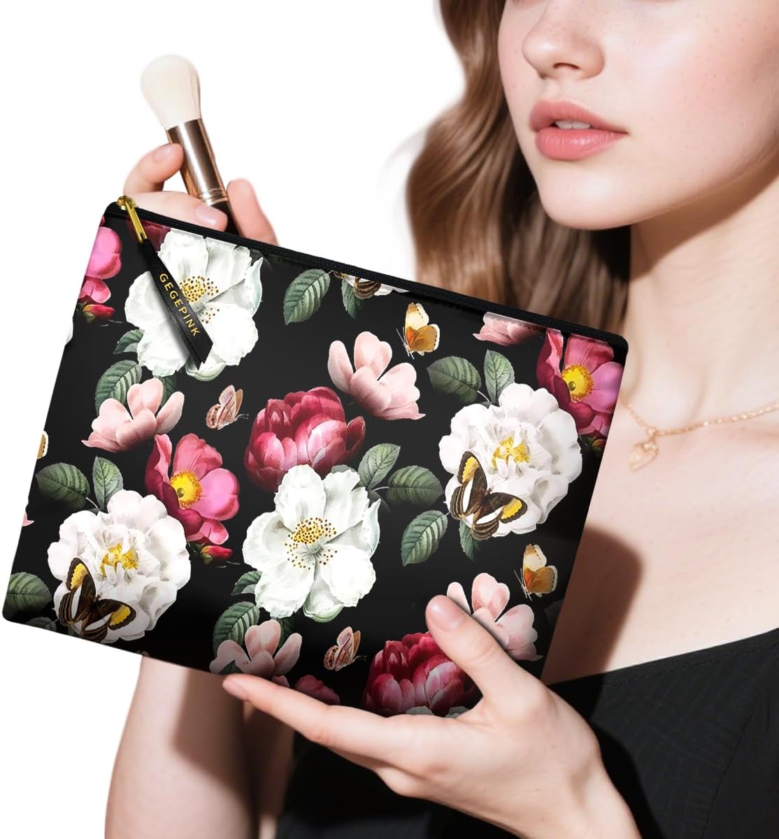 Cute Makeup Bag for Purse Waterproof Cosmetic Bags for Women Funny Smooth Zipper Travel Toiletry Pouch 10X8 Inches-Black Floral Makeup pouch - Image 2