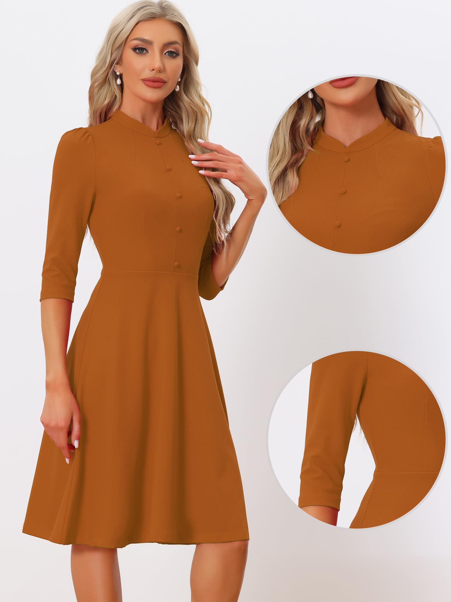 Allegra K Vestidos de Tubo para Mujer de Manga 3/4 con Cuello Alto Elegante Vestido de línea A de Negocios