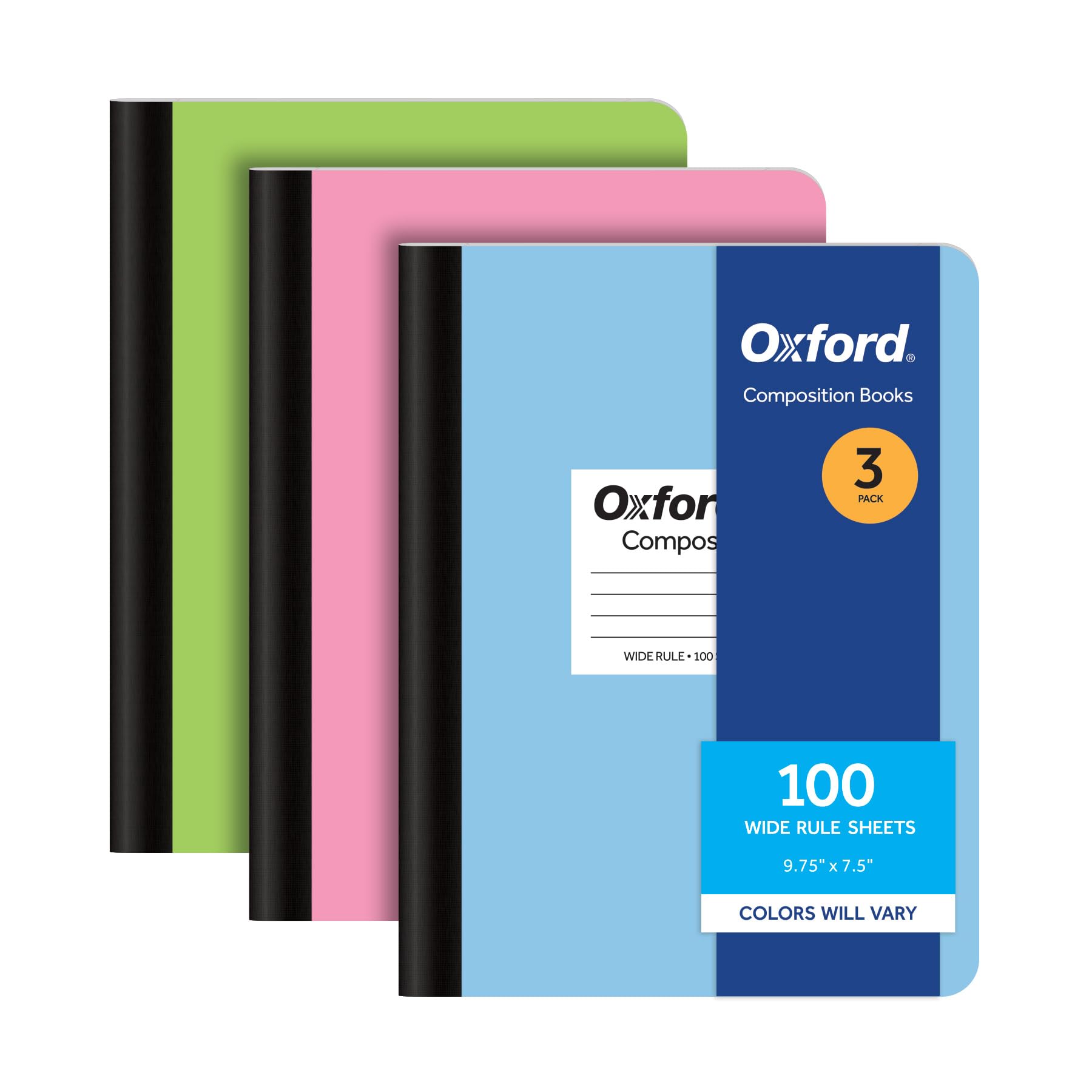 Composition Notebooks, 3 Pack, Cover Colors Vary, Wide Ruled Paper, 9-3/4 x 7-1/2 Inch School Journals, Assorted Pastel Covers, 100 Sheets per Book (1002519)