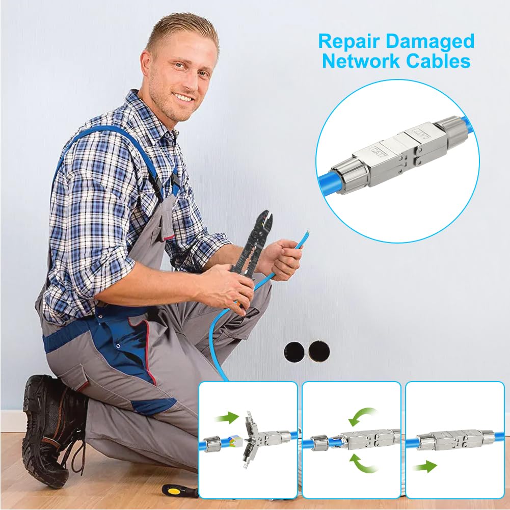 AXFEE 4-pak złączy RJ45, moduł przyłączeniowy łącznika Cat7, złącze Ethernet 8P8C, ekranowany przedłużacz sieciowy, adapter złącza LSA, modułowe złącze wtykowe do kabla Ethernet