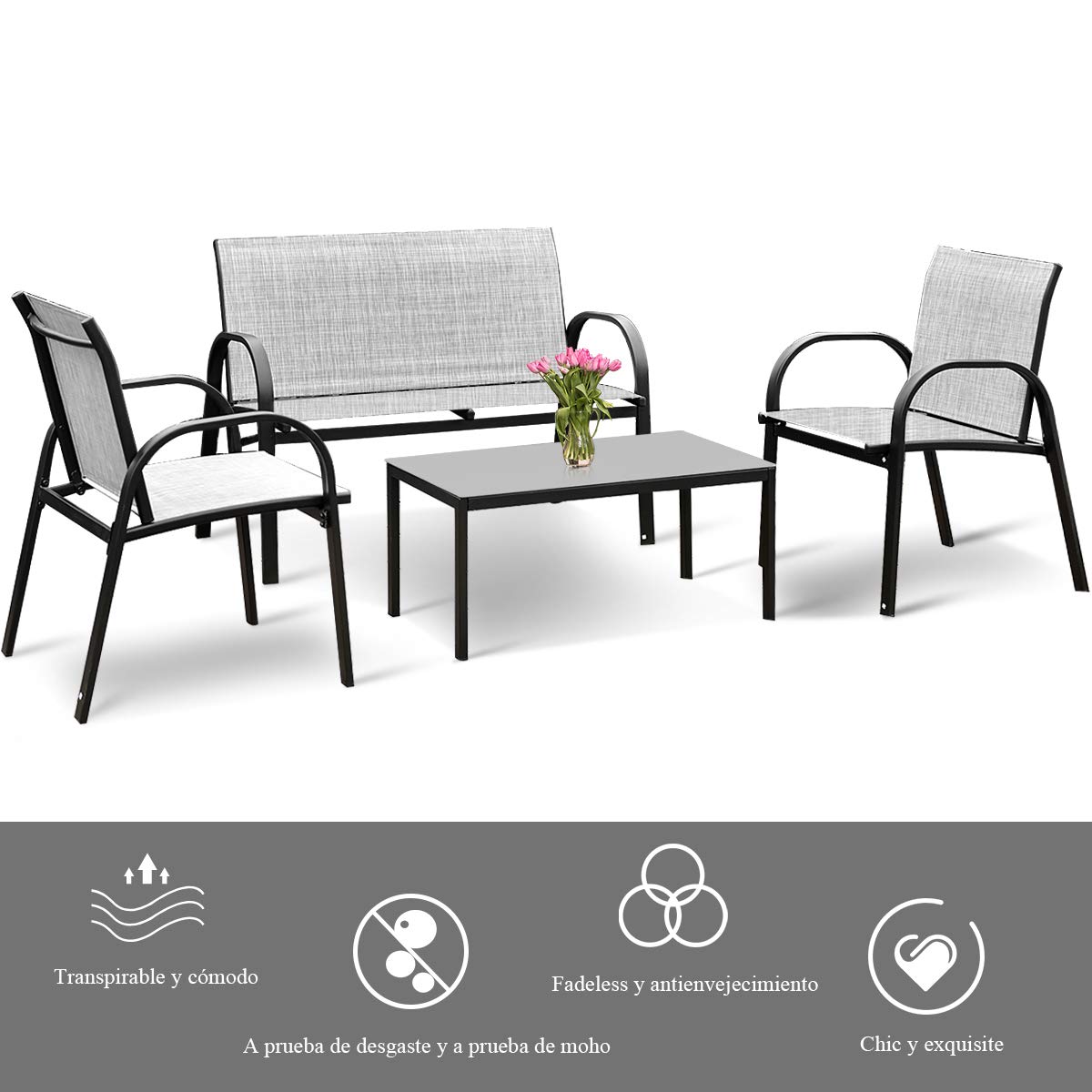 COSTWAY Conjunto Jardin Exterior de 4 Piezas, Tela Textilene, 2 Sillones,1 Banco de 2 Plazas y 1 Mesa de Centro de Hierro, Muebles Jardin Exterior Terraza Balcon (Gris)
