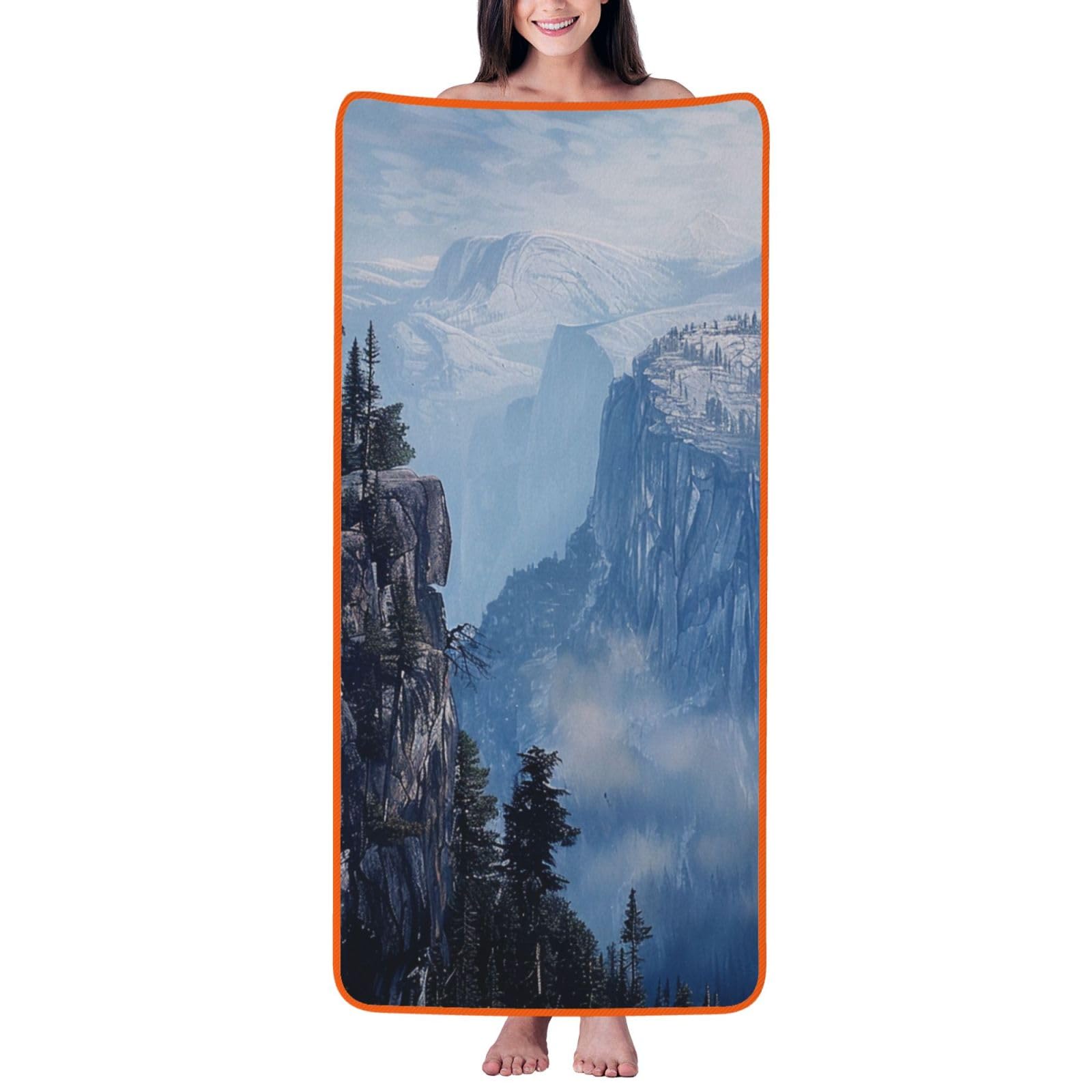 WPKJU Canadian Smokey Mountain Cliff Printed Bath Towel with Orange Edging - 27x55 in Soft Extra Absorbent Coral Velvet Shower Towels for Bathroom