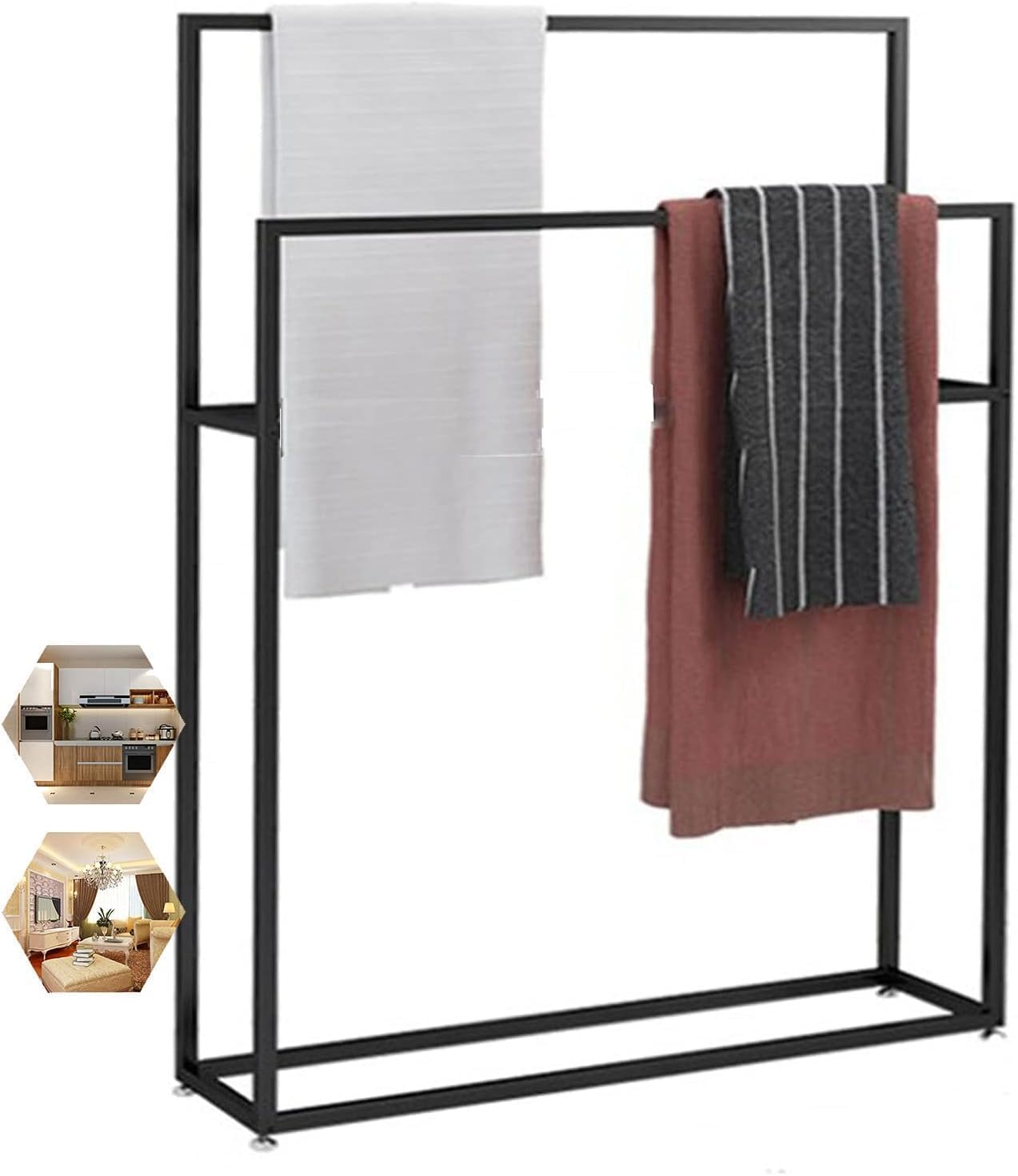Porte-serviettes autoportant noir à 2 niveaux pour salle de bain 75x20x110 cm