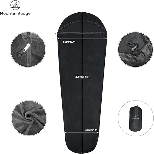 Vista 2 de Mountainlodge Forro de saco de dormir ultraligero de forro polar, forro de saco de dormir de momia con capucha y saco de cosas para acampar, viajar
