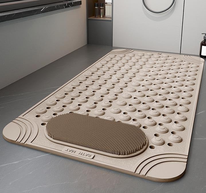 Badematte, Duschmatten, quadratische rutschfeste Duschmatte mit Fußschrubberbürste, starken Saugnäpfen, Fußmassagegerät-Reiniger, Badematte, mit Abflusslöchern, Badewannenmatten-Pads (beige,