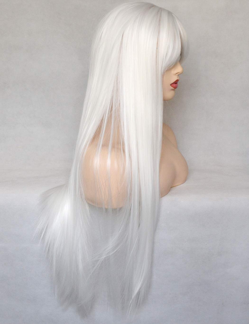 BLUPLE White Hair Wig With Bangs Long Straight Wigs #1001 Platinum White Natural Heat Resistant No Lace Synthetic Replacement Hair Wigs for Cosplay Daily Wear 22 inch