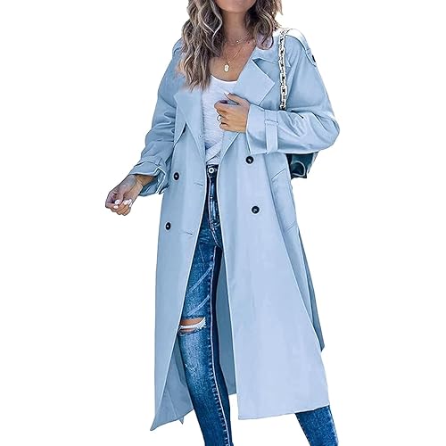 Women's Windproof Trench Coat Notched Lapel Double Breasted Long Overcoat Casual Fall Winter Windbreaker Outerwear