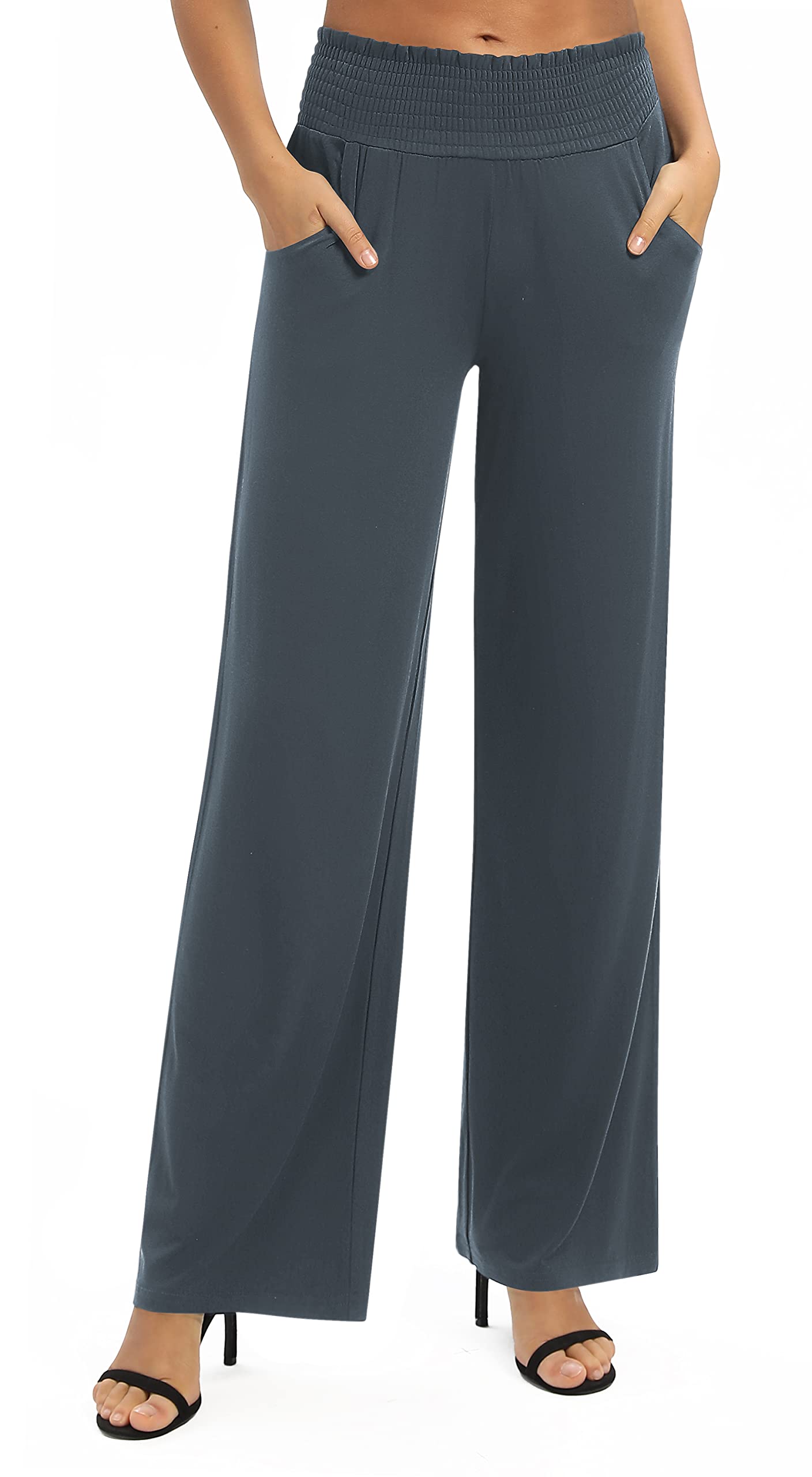 EXCHIC Mujeres Sólido Suelto Pierna Recta Palazzo Pantalones Cintura Alta Elástico Casual Pantalones con Bolsillos