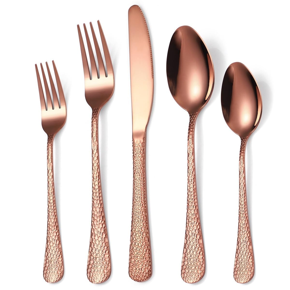 OLSKFUH Cutlery Flatware Cutlery Set, 5/20/30/40/50/60 Pieces Creative Steak Knives, Forks And Spoons With Hammered Handles, Golden Stainless Steel Knives And Forks,Rose Gold-12Set-60Pcs