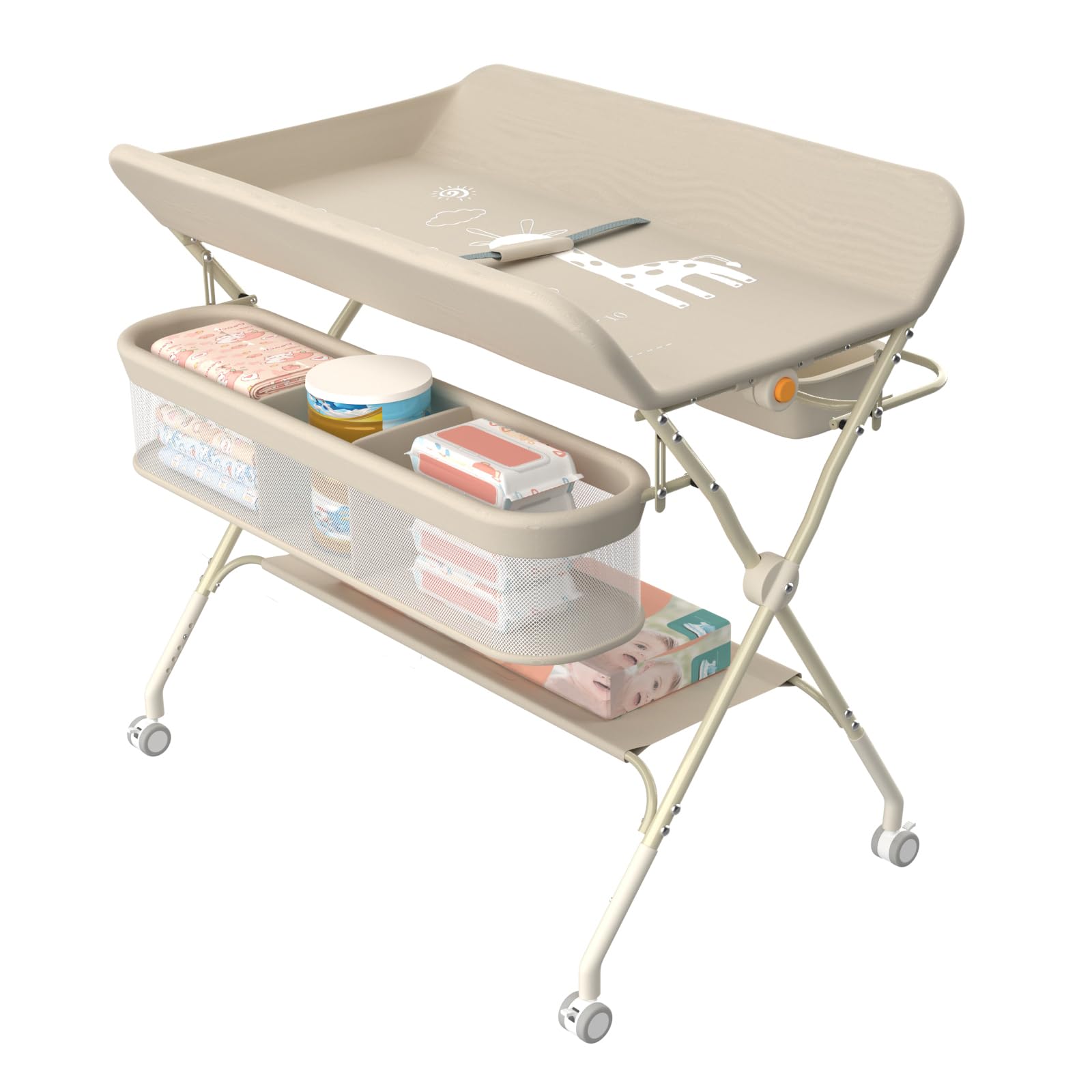 Table à Langer Pliable, Réglable en Hauteur, Ceinture de sécurité et 4 Roues avec Frein, Plan à Langer avec Panier Latéral, Soin pour Nouveaux-Nés Mobile (beige-A)