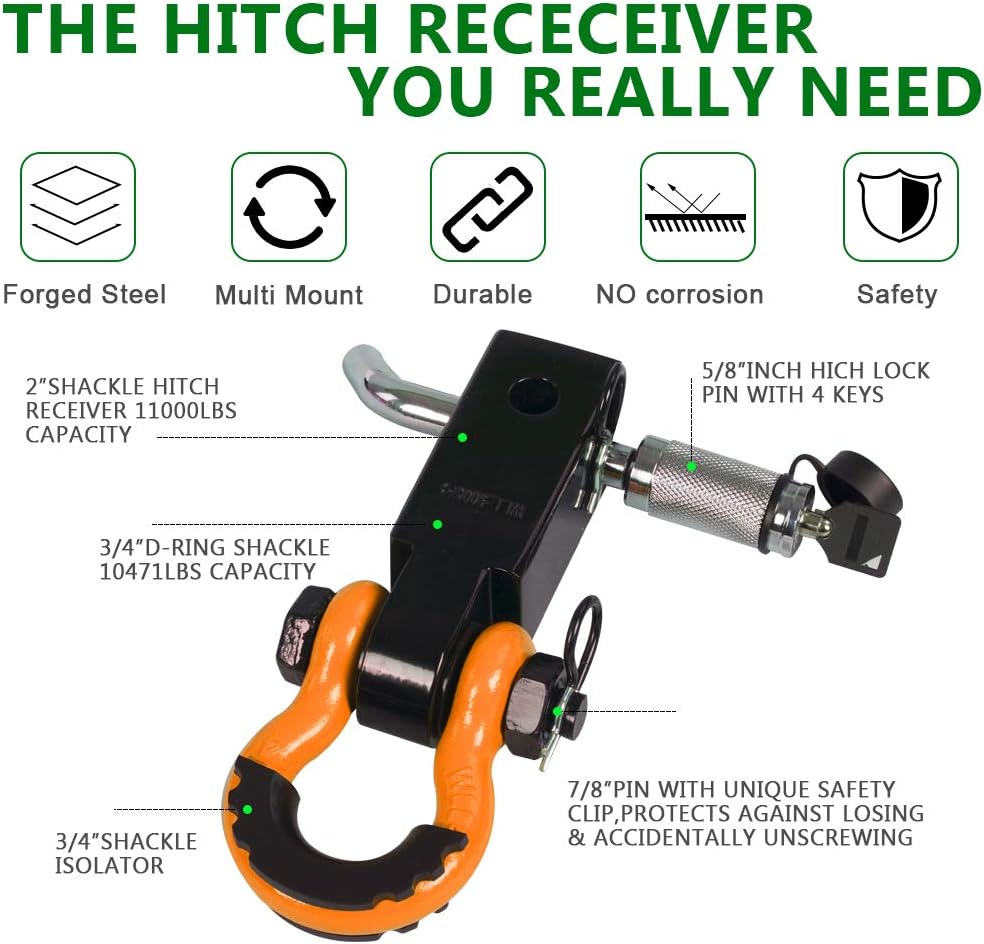 AMBULL Shackle Hitch Receiver & Towing Hitch Lock, with 3/4 Inch D-Ring Shackle, 2 Insurance Pins, Weatherproof Anti-Theft Lockable Heavy Duty Solid Recovery Kit - Orange