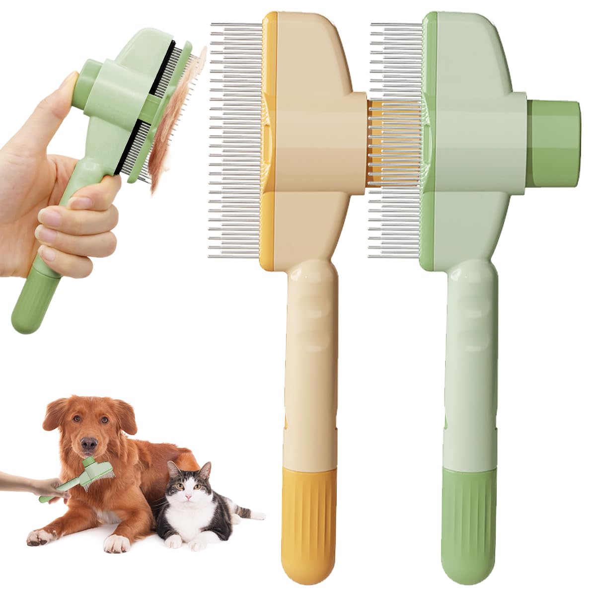 Dog Cat Brush, Pet Comb for Long and Short Hair, One-Click Cleaning Brush for Removing Matte Hair, Knot and Tangling Detangler Tool Accessories for Dogs, Cat and small animals (Yellow+Green)