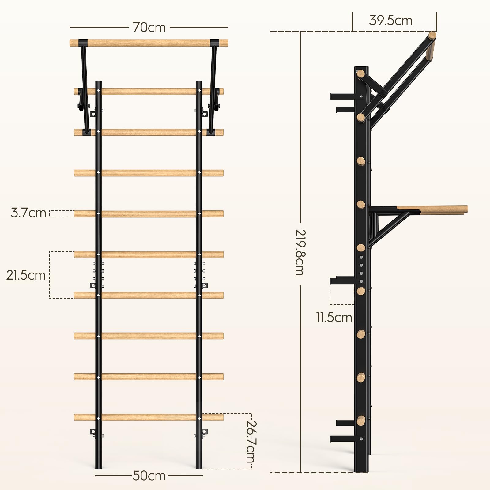 Sprossenwand aus Holz 220 cm – Klettergerüst für Kinder & Erwachsene – Wandmontage mit Klimmzugstange & Dip-Barren – Multifunktionales Trainingsgerät für Zuhause