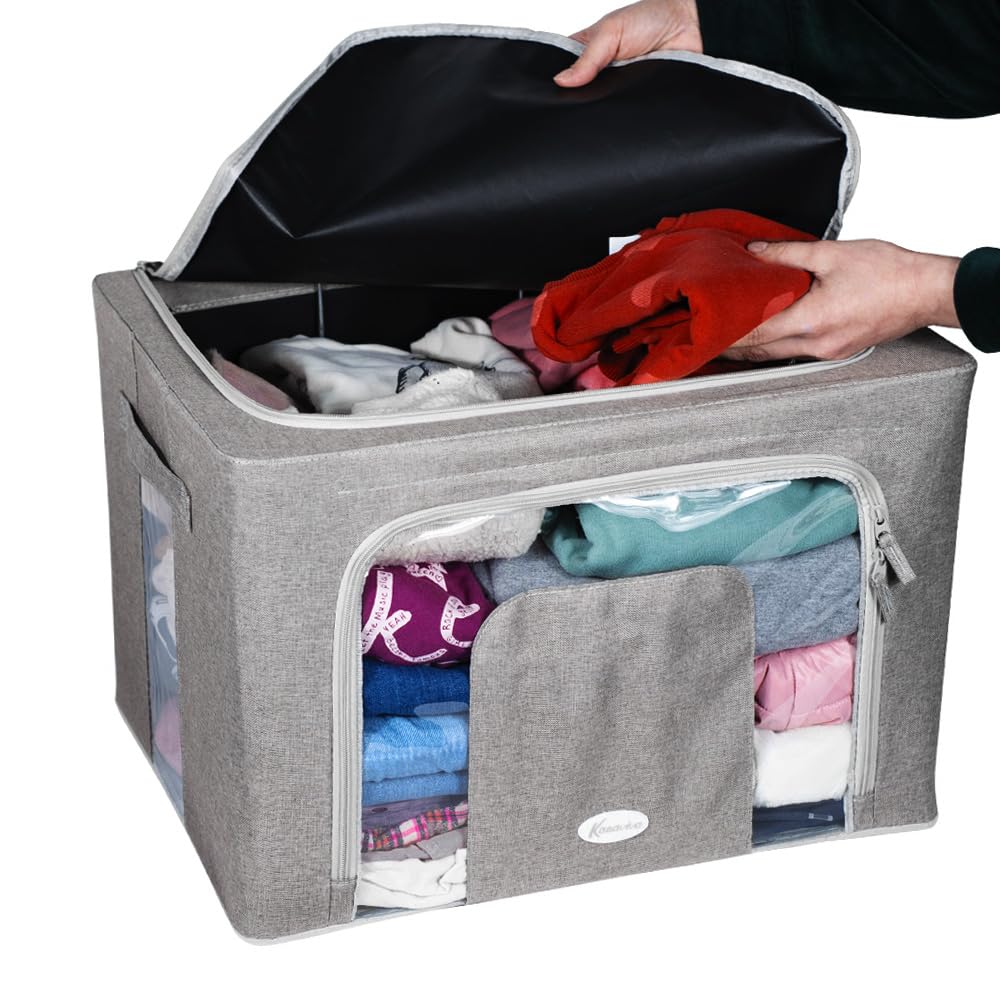 VIRSUS Scatole per Armadio in Tessuto GRIGIO con Finestra 1792, misura 50x33x40 cm, Capacità 66 Litri, Organizer Salvaspazio per Vestiti, Struttura in Metallo, Maniglie e Cerniera (4)