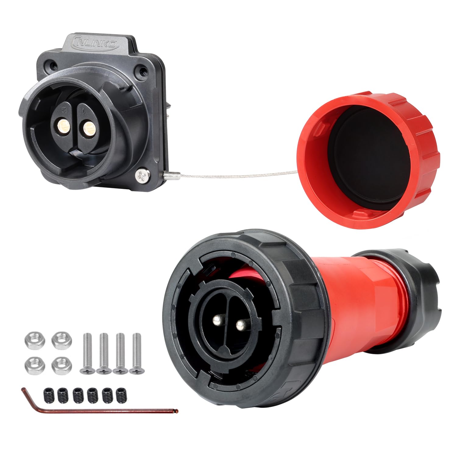 CNLINKO DL-28 50A Wasserdichter Steckverbinder, 2-Polig Schraubmontage Hochstrom Kompakte Größe IP68 Elektrischer Stecker Vierloch-Einbausteckdose für Display Industrielle Automatisierung