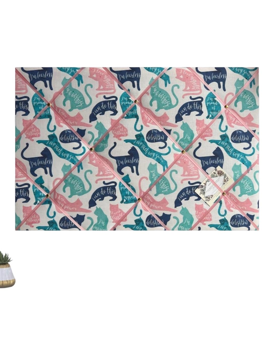 Motivational Cat Lightly Padded Fabric Notice/Memo Board in Pink & Blue Colour