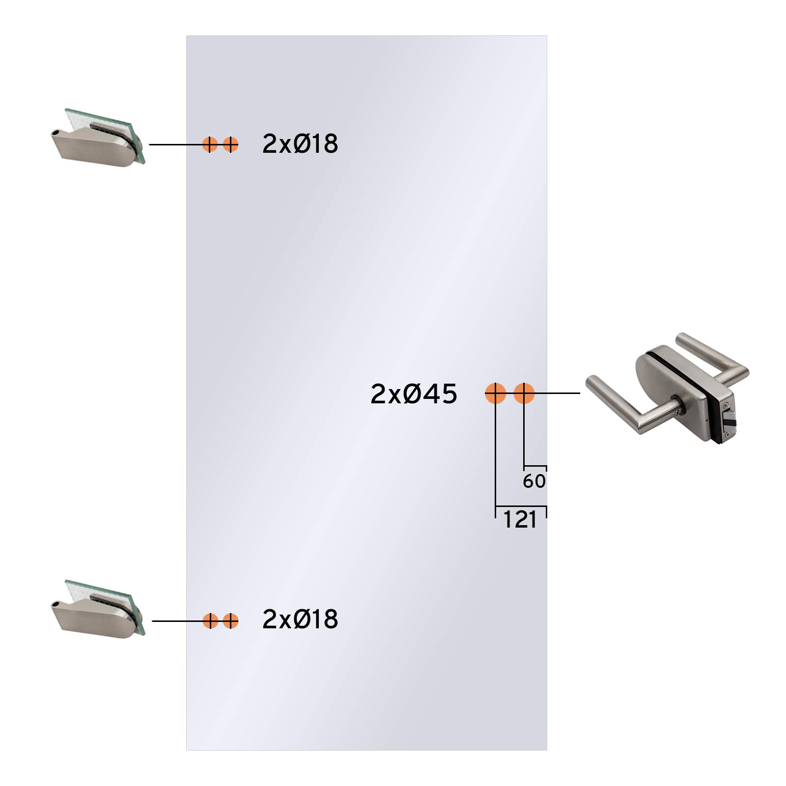 inova Glastür Komplettset mit Beschlag 834x1972x8mm Curved Drehtür aus Glas DIN Links rechts Türdrücker 03