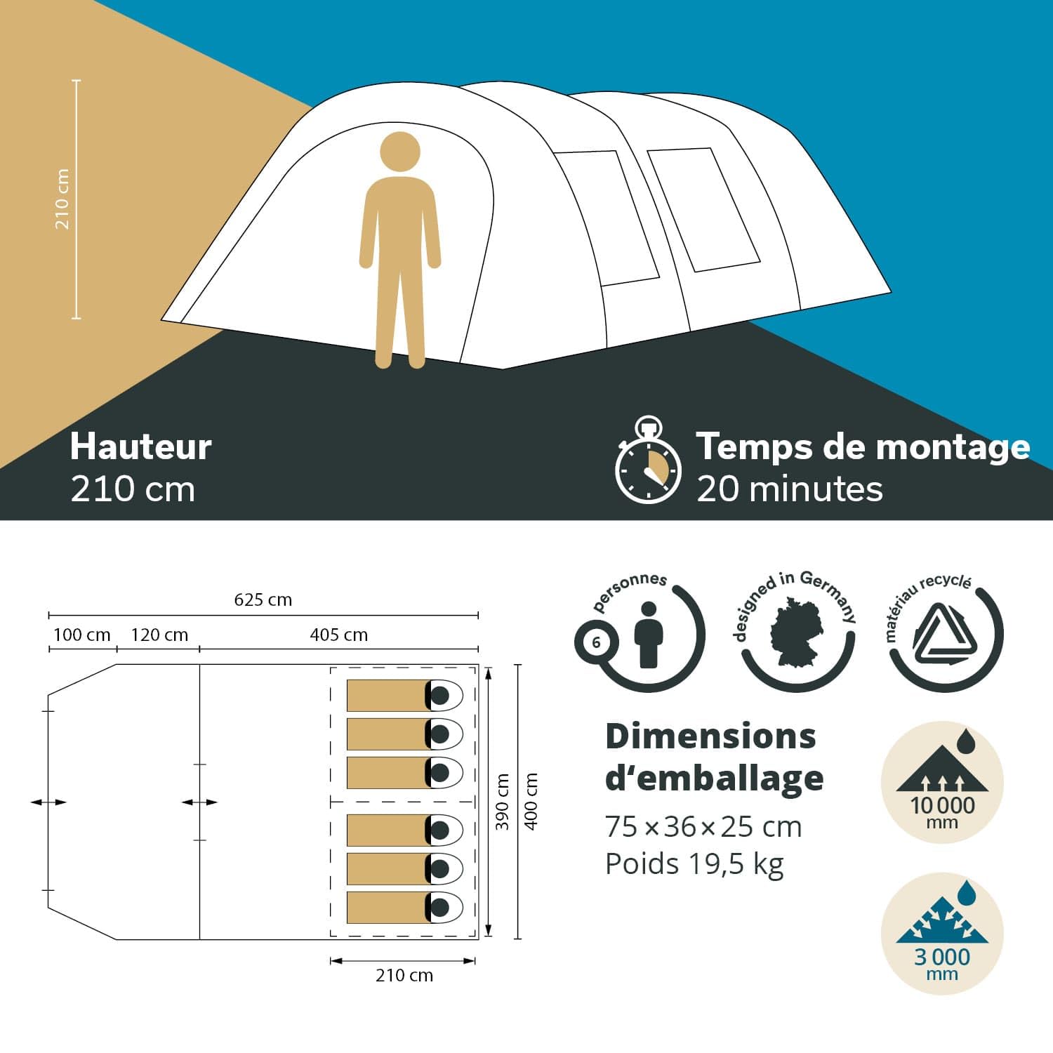 Skandika Tente tunnel Kaupanga | Tente de camping pour 6 personnes, sol de tente cousu, imperméable, colonne d'eau de 3000 mm, cabine de couchage sombre, tente familiale | Tente pour extérieur,