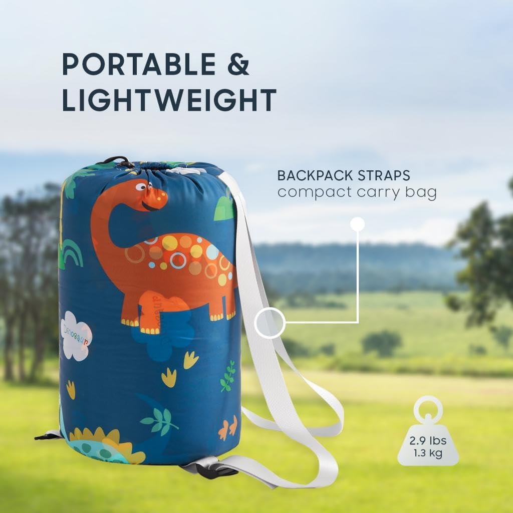 Wake In Cloud - Kids Sleeping Bag for Boys Toddlers, Camping in Warm Cold Weather, Backpacking Lightweight Compact Outdoor Liner for 3 Seasons, Cartoon Jurassic Dinosaur
