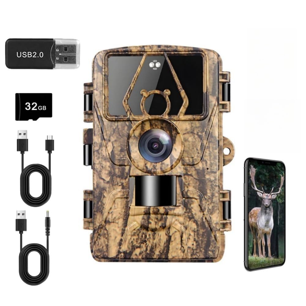 Wildkamera mit 8K Video, 60MP Full HD, WLAN & Handyübertragung APP, Bewegungssensor, Nachtsicht, 0,1s Auslösezeit, Infrarot Wildtierkamera, Wasserdicht IP66, inkl. 32G Speicherkarte & Kartenleser