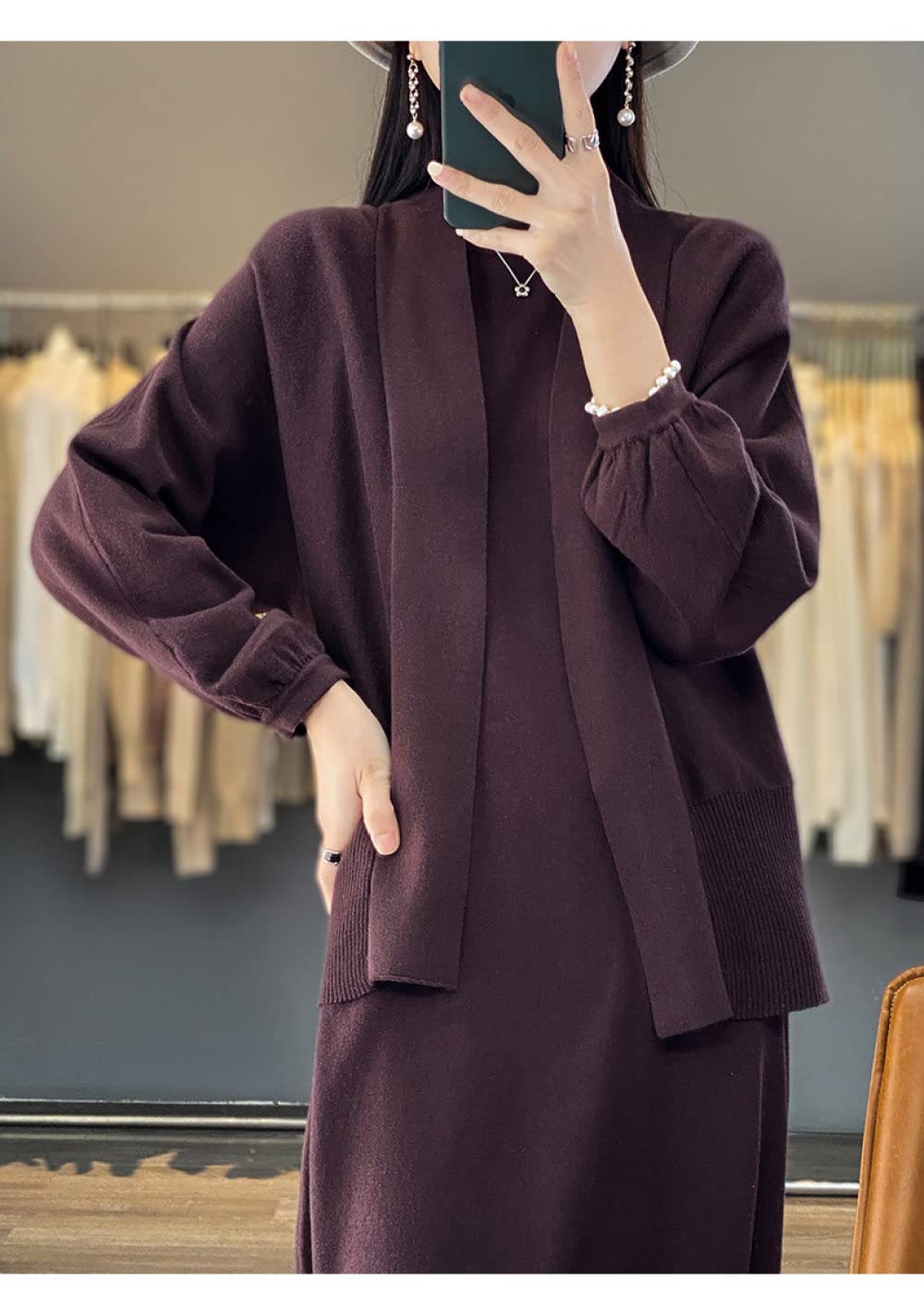 Cárdigan de Mujer Cárdigan de Punto de Algodón para Mujer Abrigo Suéter Liso Color Café Cárdigan Largo de Manga Farol Cárdigan Abierto por Delante Chaqueta de Punto Suelta de Primavera para Uso Diari