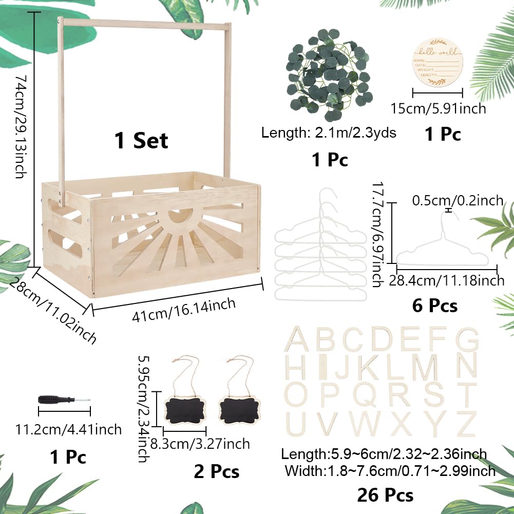 UNICRAFTALE Caisse De Douche Bébé en Bois Placard Rangement Bébé avec 8 Pièces Cintre Caisse Panier Corbeille Fête De Bienvenue Cadeaux Bébés Cadeaux Grossesse pour Parents 41x28x74cm
