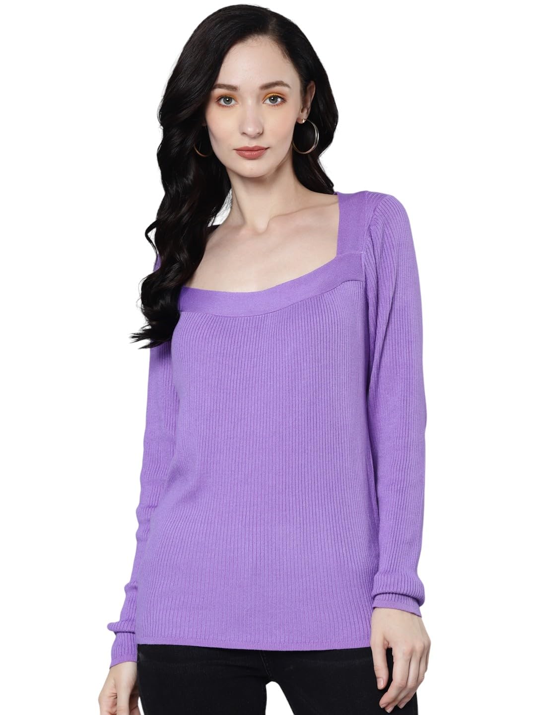 Women Rib Square Neck Full Sleeves Sweater