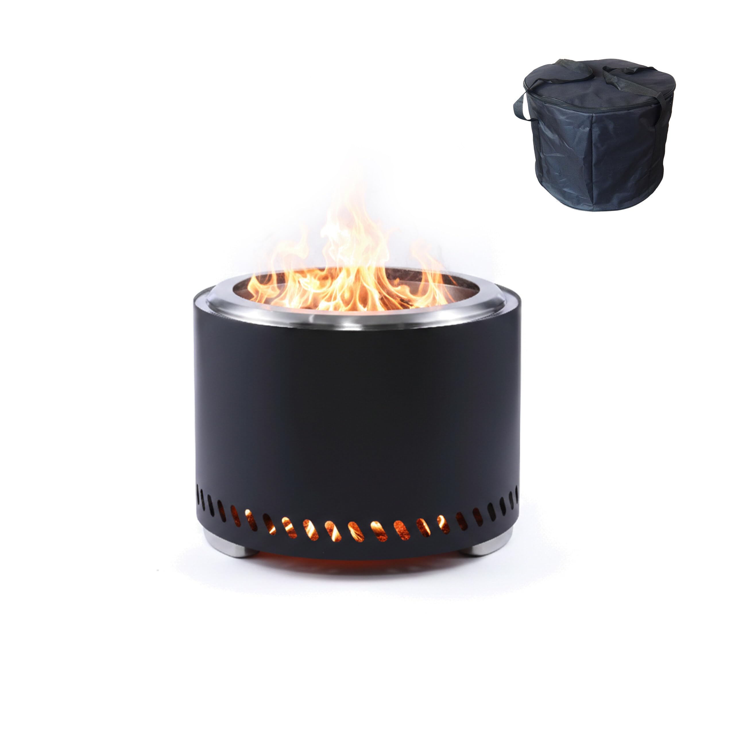 Relaxdays Feuerschale ohne Rauch, Edelstahl, HxD 35 x 49,5 cm, Aschebehälter & Tasche, rauchfreie Feuerstelle, schwarz