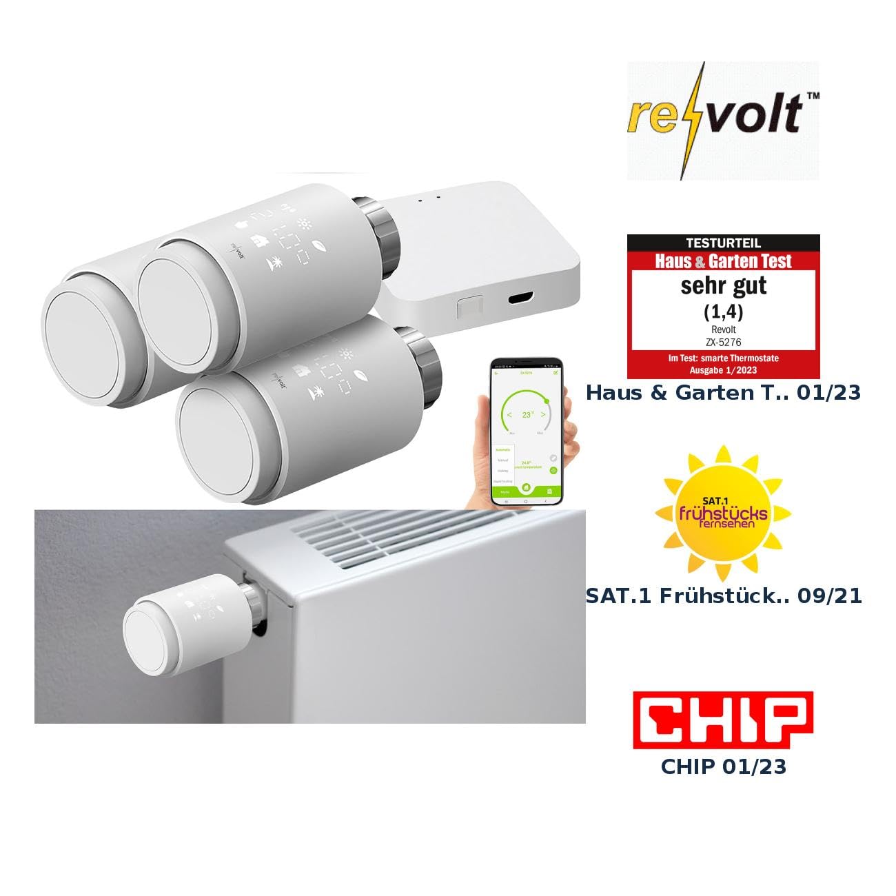 revolt Heizkörperthermostat Set: 3er-Set programmierbare Heizkörper-Thermostate mit WLAN-Gateway & App (regelbarer Heizungs Thermostat, WiFi Heizkörperthermostat)